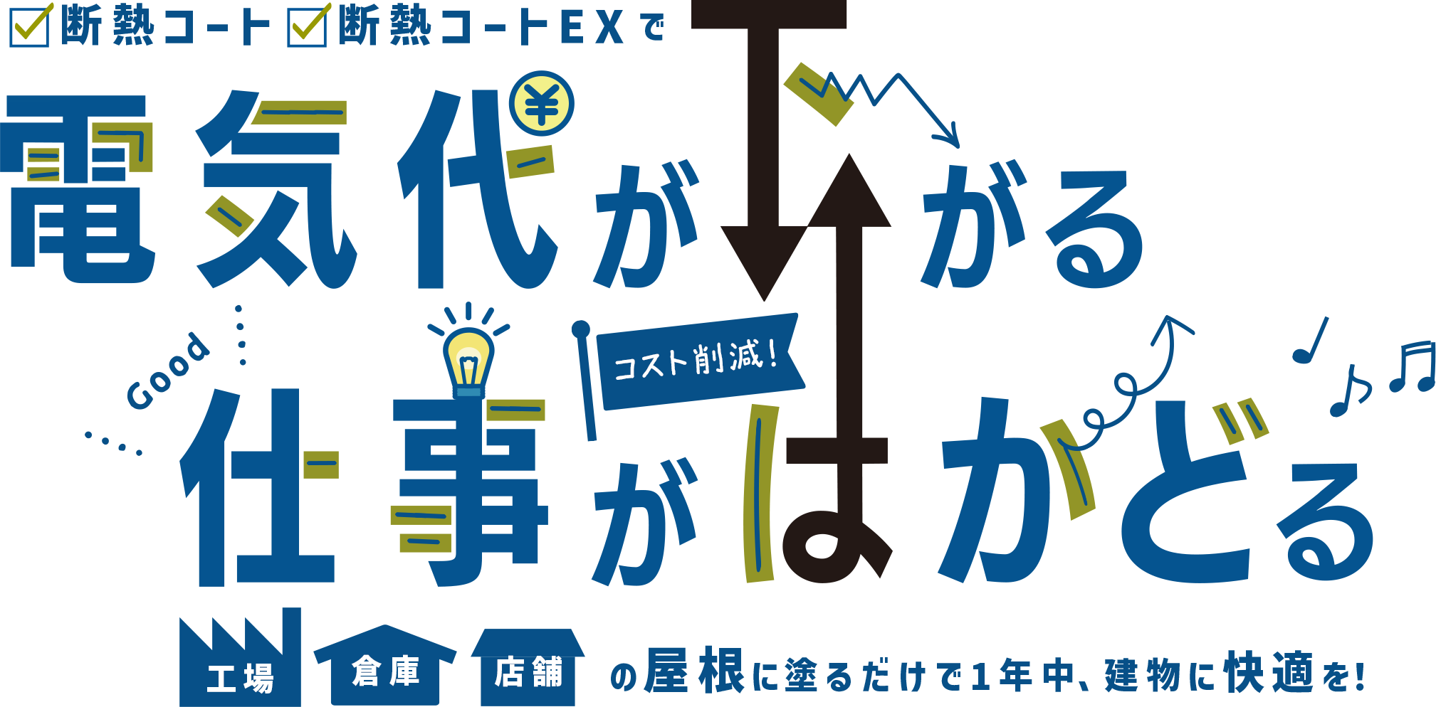 断熱コート・断熱コートEXで、電気代が下がる　仕事がはかどる　工場・倉庫・店舗の屋根に塗るだけで1年十、建物に快適を!